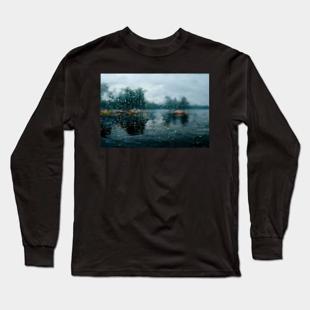 Foggy Lake Falling Raindrops On A Rainy Autumn Day Long Sleeve T-Shirt by Unwind-Art-Work